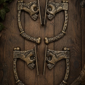 Hand Forged Steel Skull Door Handles, Copper Patina, Medieval Fantasy Hardware