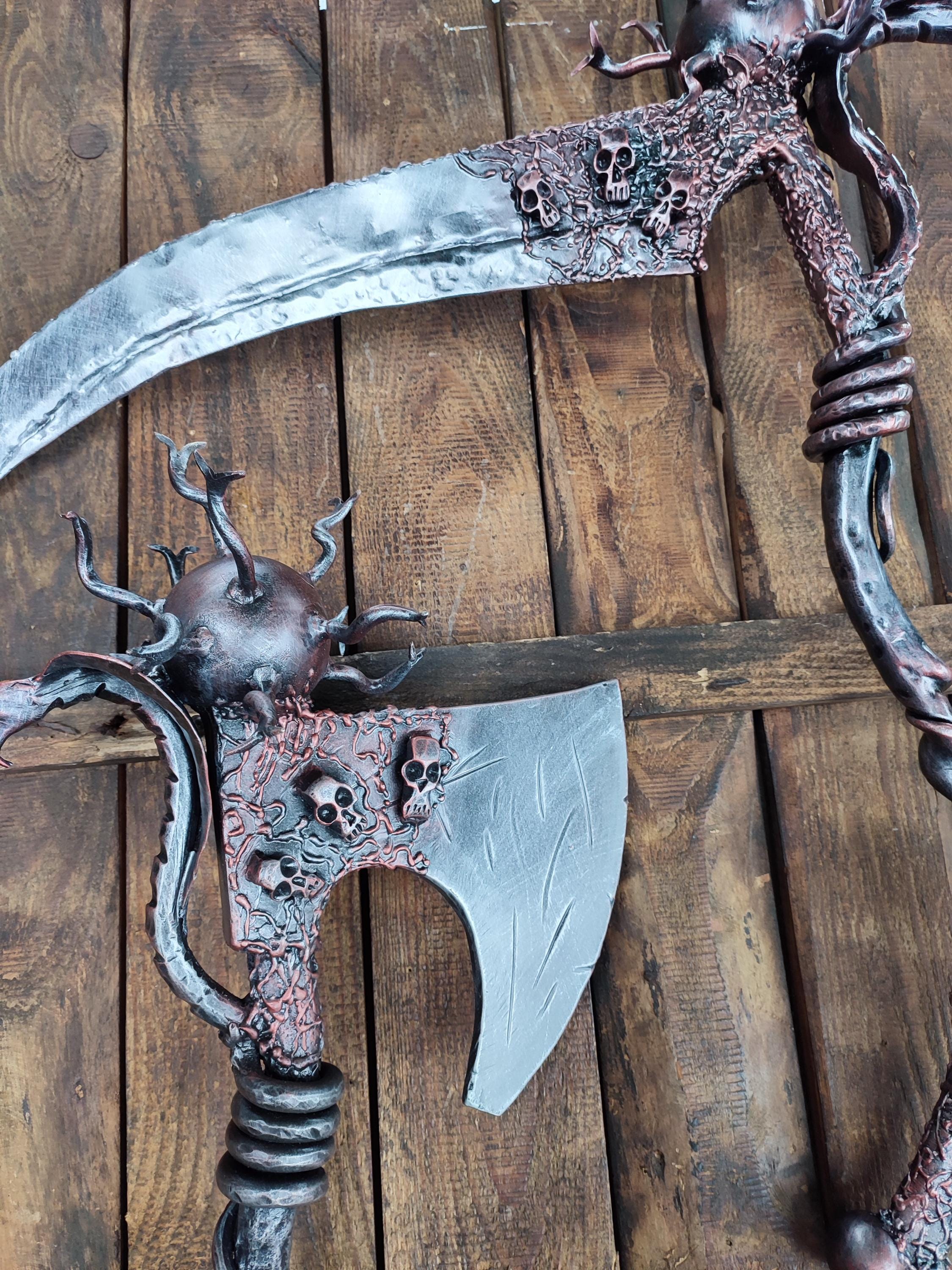 Gothic Scythe and Axe Set, Dark Fantasy Wall Decor, Medieval Skull
