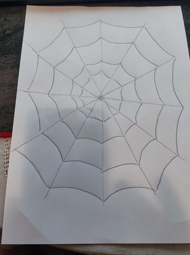 May include: A hand-drawn illustration on a white rectangular sheet of paper featuring a spider web design. The drawing consists of dark grey lines forming a radial web pattern with concentric circles connected by straight lines radiating from centre.