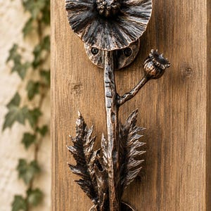 Hand Forged Steel Poppy Flower Door Handle, Rustic Floral Pull Hardware