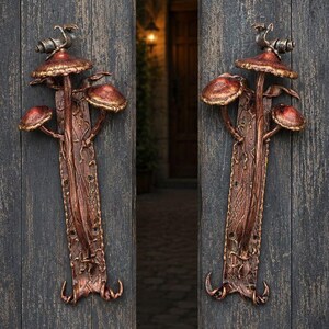 Coppia di maniglie forgiate per porte – Arte in ferro fatta a mano con funghi e lumache