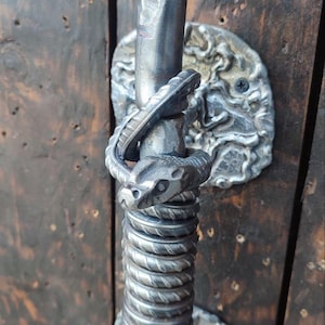 May include: A handcrafted metal door handle with a coiled design and a snake wrapped around the handle. The handle is attached to a decorative metal plate. The door is made of dark wood.