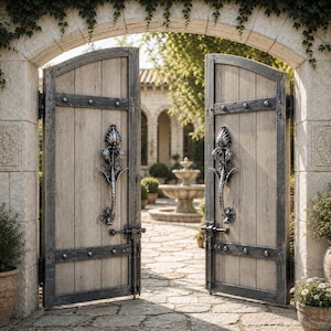 Puede incluir: Un par de puertas dobles de madera arqueadas con tablones verticales y marcos de metal oscuro. Cada puerta cuenta con un tirador decorativo de metal plateado en forma de capullo floral y un pestillo deslizante horizontal.