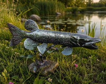Forged Metal Pike Sculpture, Rustic Green Patina Fish Yard Art, Pond Decor