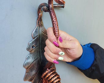 Wrought Iron Oak Leaf Door Handle with Snail – Hand-Forged Rustic Pull