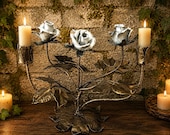 Hand Forged Steel Rose Candelabra, Gothic Floral Candlestick, Romantic Centerpiece