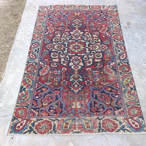 Antique Kurdish Rug 4x7, Muted Red Blue Area Rug, Vintage Hallway Runner