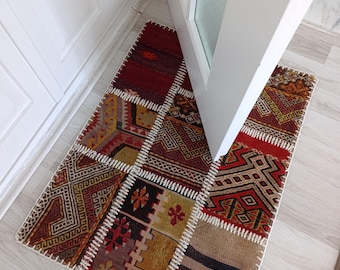 Vintage Patchwork Kilim Rug: Rainbow Accent, 2.11x2.2