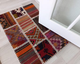 Patchwork Kilim Rug: Antique-Style Rainbow Door Mat (2.2x3.2 ft.)