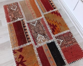 Vintage Kilim Patchwork Rug: Rainbow Wool Door Mat (2.2x3.2 ft.)