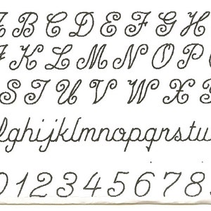 May include: A black and white image of a cursive font alphabet with uppercase and lowercase letters and numbers 0-9.