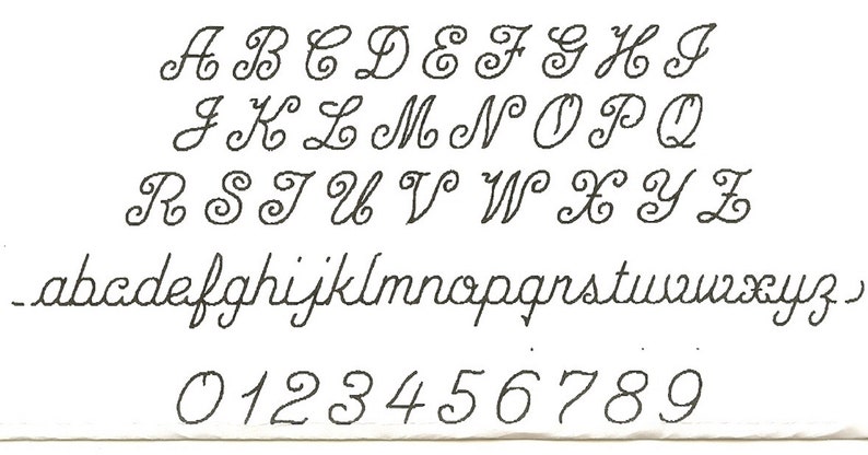 May include: A black and white image of a cursive font alphabet with uppercase and lowercase letters and numbers 0-9.
