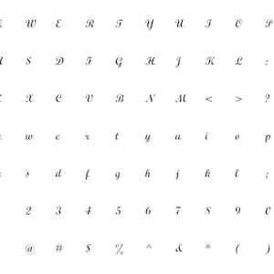 May include: A white background displays a variety of characters from a cursive font. The image includes uppercase and lowercase letters, numbers, and symbols. The characters are in a light gray color.