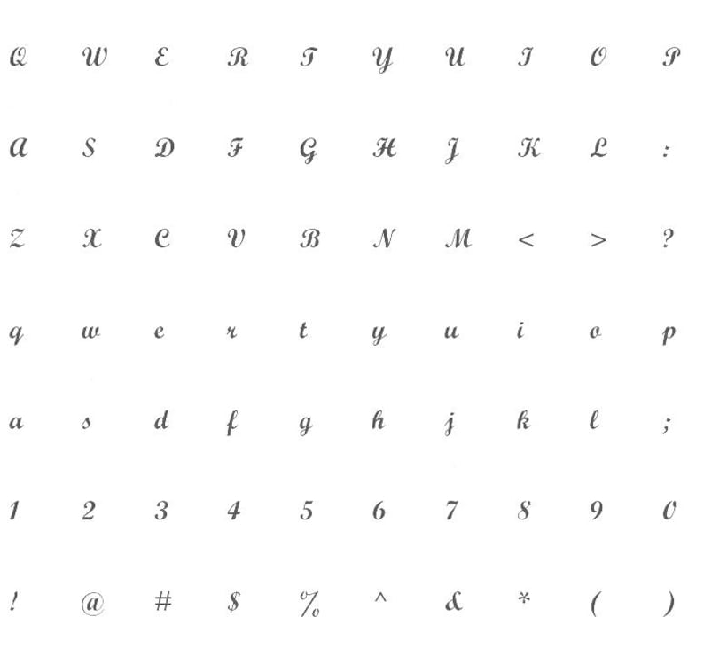 May include: A white background displays a variety of characters from a cursive font. The image includes uppercase and lowercase letters, numbers, and symbols. The characters are in a light gray color.
