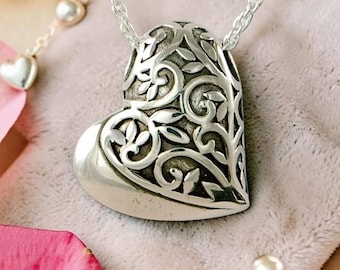 Cremation Heart Etched Filigree Urn Necklace Memorial Locket