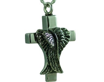 Cremation Cross Urn Necklace: Angel Wings, 14k Gold Plated Sterling Silver