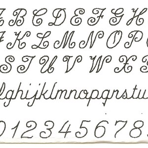 May include: A complete alphabet in uppercase and lowercase, along with numbers 0-9, displayed in a cursive font. The letters and numbers are in black, with a decorative, swirly design. The font is on a white background.