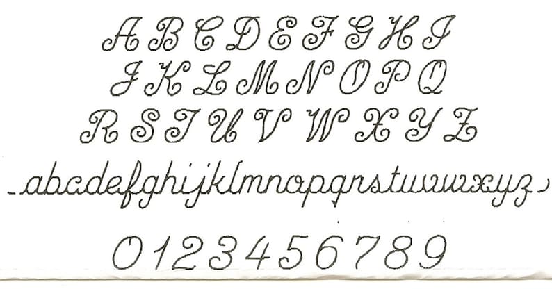 May include: A complete alphabet in uppercase and lowercase, along with numbers 0-9, displayed in a cursive font. The letters and numbers are in black, with a decorative, swirly design. The font is on a white background.