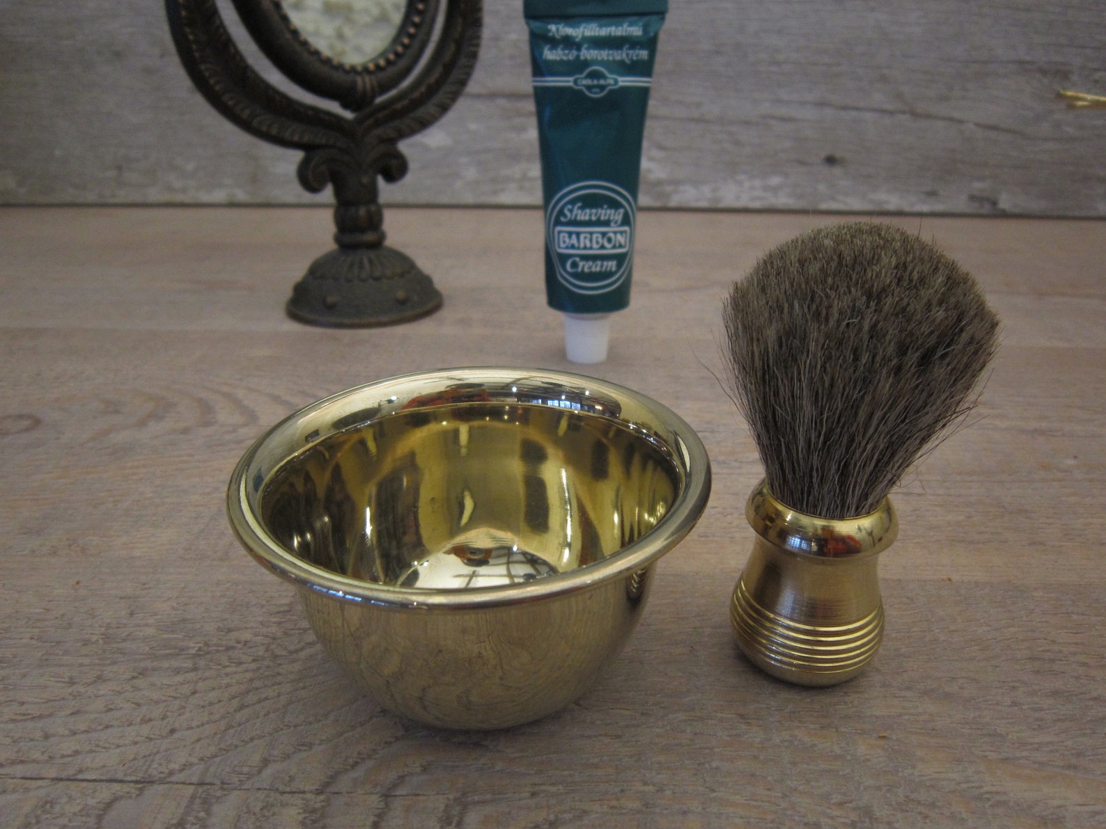 Vintage Shaving Set With a Razor Brush and Pot, Cup, Brass, Golden