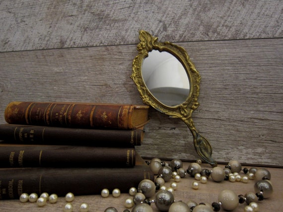 Early 20th century hand mirror, Antique brass mirr