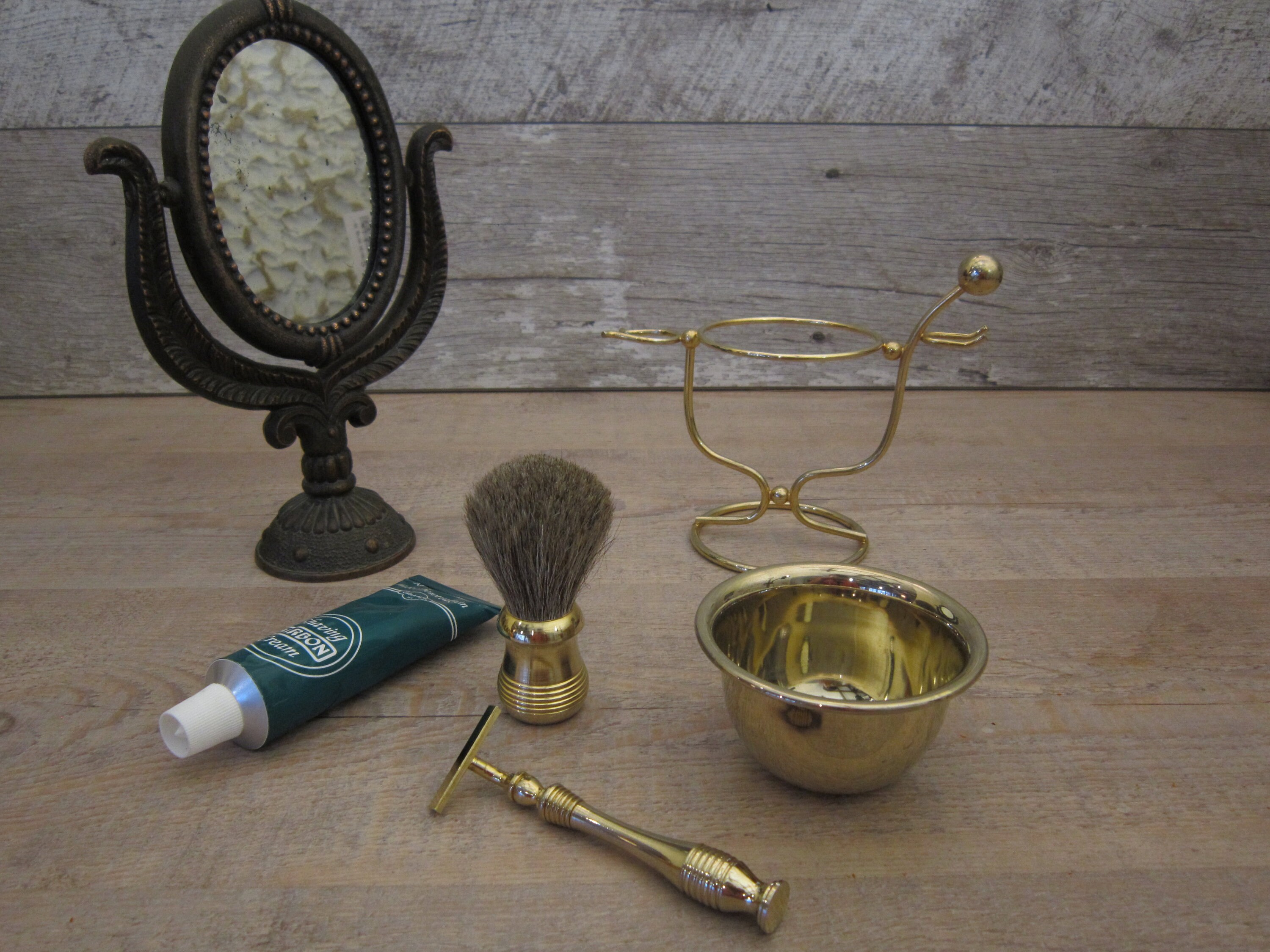 Vintage Shaving Set With a Razor Brush and Pot, Cup, Brass, Golden