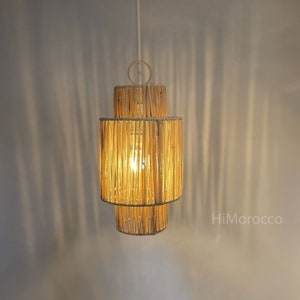 Lampe en raphia naturel fait main - Lampe à suspension en raphia