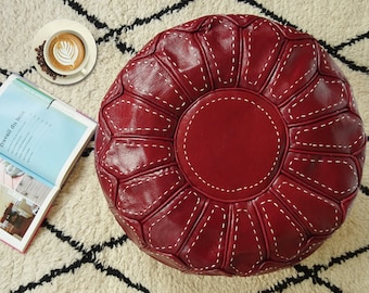 Red Moroccan Leather Pouf - Ottoman Footstool Hassock 100% real Natural Leather pouffe - handmade brown pouf