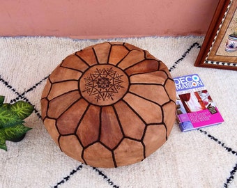 Pouf marocain en cuir huilé - Cuir véritable fait main - Pouf repose-pieds ottoman - Pouf 100 % cuir naturel véritable - Pouf vintage