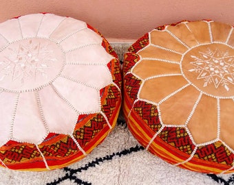 Pouf ottoman de luxe en cuir et tissu - Pouf marocain en cuir véritable - Poufs ottomans - Poufs repose-pieds - 100 % fait main