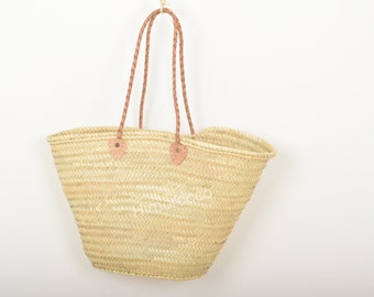 Panier en paille naturelle avec lanière en cuir - sac de plage en paille française -