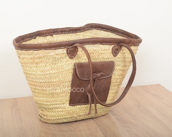 Naturel Straw Basket with leather strap - french straw beach bag -