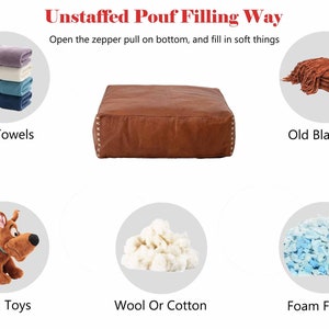May include: A diagram showing different ways to fill a pouf. The pouf is brown leather with a zipper on the bottom. The diagram shows old towels, old blankets, plush toys, wool or cotton, and foam filling.
