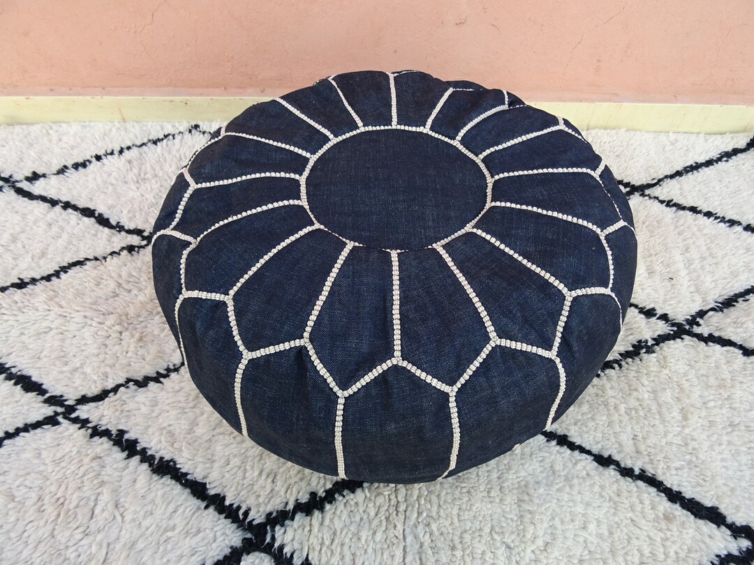 Stuffed Moroccan Denim Blue Jean Pouf Moroccan Pouf Dark Blue Color