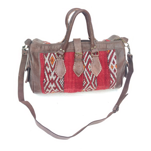 Vintage Moroccan Kilim Berber Leather Bag - Moroccan Vintage kilim Duffle Bag - Genuine Leather Bag