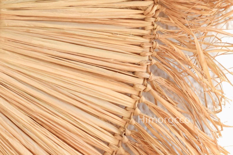 Pu&ograve; includere: Primo piano di un cappello di paglia intrecciata, che mostra la trama naturale e le calde tonalit&agrave; beige del materiale. Il bordo del cappello &egrave; cucito saldamente, con un dettaglio a frange. L'immagine include il testo "Himorocco".