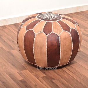 Stoppad Oljefylld Marockansk Läderpuff - Handgjord Äkta Läder - Ottoman Fotpall Hassock