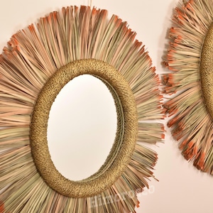 Décoration murale bohème - Miroir rond fait main en raphia