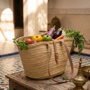 May include: A woven straw tote bag filled with fresh produce, including tomatoes, aubergines, and carrots. The bag has brown leather straps and a buckle closure. The bag is on a wooden table.