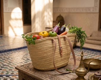 Naturel Straw Basket with leather strap - french straw beach bag -