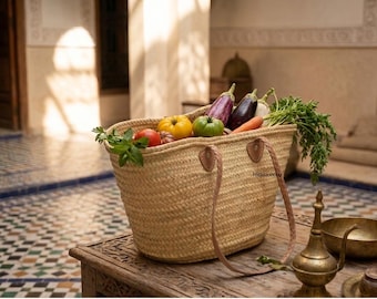 Naturel Straw Basket with leather strap - french straw beach bag -
