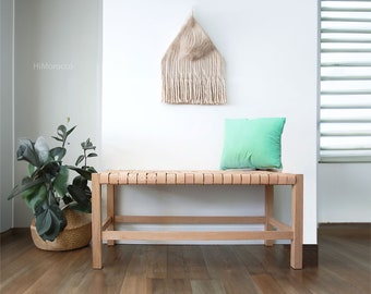 Handmade Genuine Leather Solid Wood Bench - Woven Farmhouse Bench