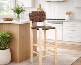 Leather Woven Counter Height Stool Kitchen with back - Wooden Barstools - Bar Stool with Beam Footrest