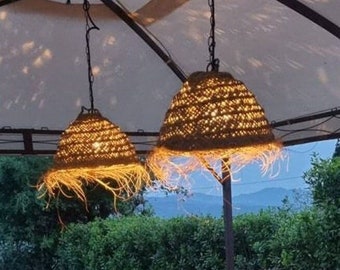 Colgante Boho de fibra natural - Colgante ligero hecho a mano - Colgante Doum de esparto con flecos - Colgante Halfa de fibra