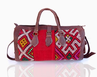 sac en cuir véritable marocain vintage fait à la main - sac de sport berbère marocain vintage kilim