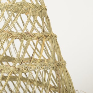 May include: Close-up of a woven basket made of natural materials, showing the intricate pattern of the weave. The basket is light brown in color and has a conical shape.