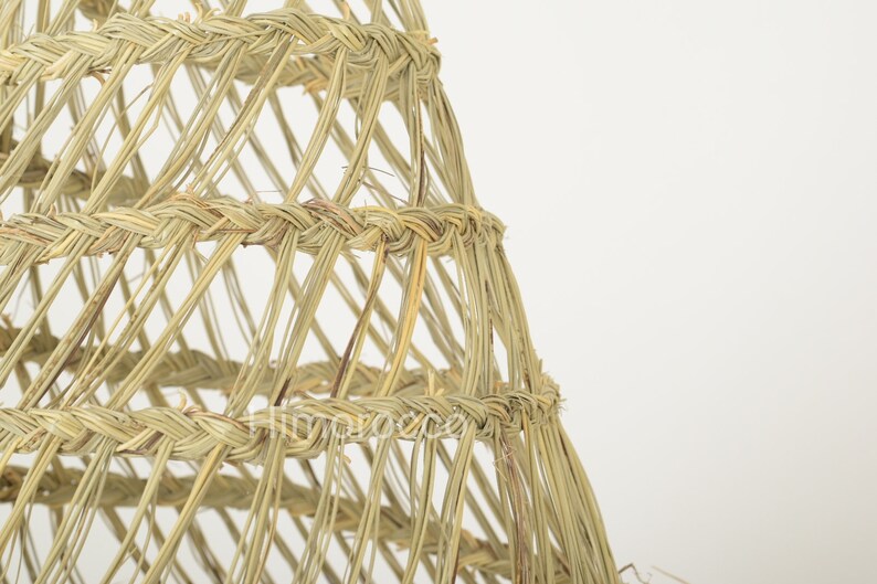 May include: Close-up of a woven basket made of natural materials, showing the intricate pattern of the weave. The basket is light brown in color and has a conical shape.