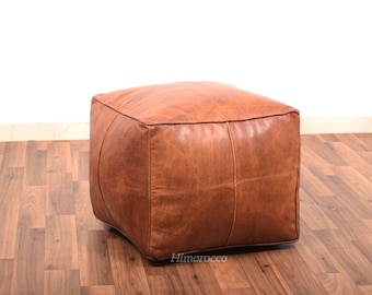 Moroccan Square Leather Pouf in Tan Color , Unstuffed Pouf , ottomans footstools,