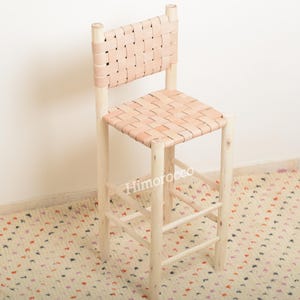 Leather Woven Counter Height Stool Kitchen with back - Wooden Barstools - Bar Stool with Beam Footrest