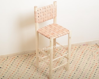Leather Woven Counter Height Stool Kitchen with back - Wooden Barstools - Bar Stool with Beam Footrest