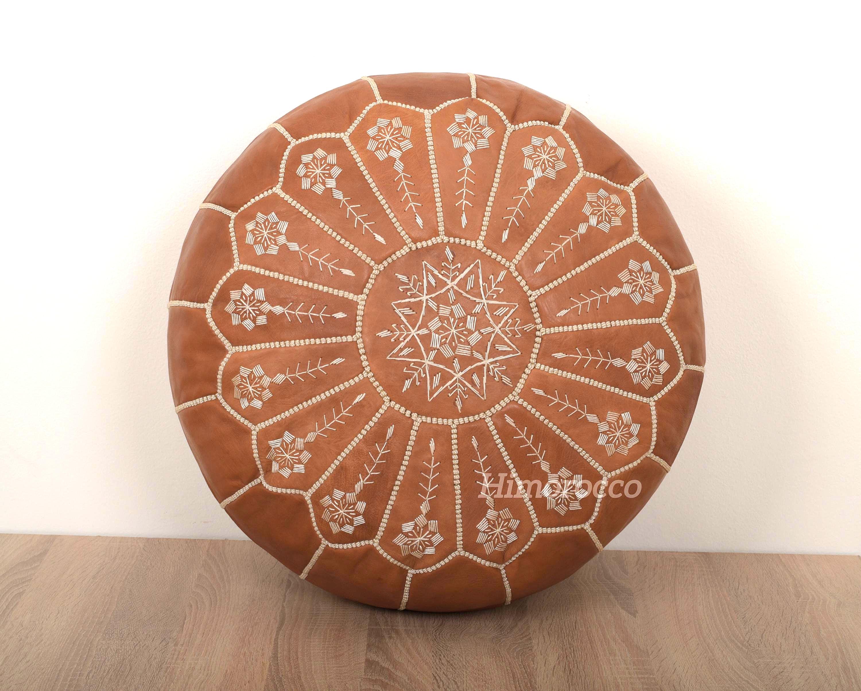 Pouf Marocain en Cuir Véritable Naturel - Housse Brodée à la Main